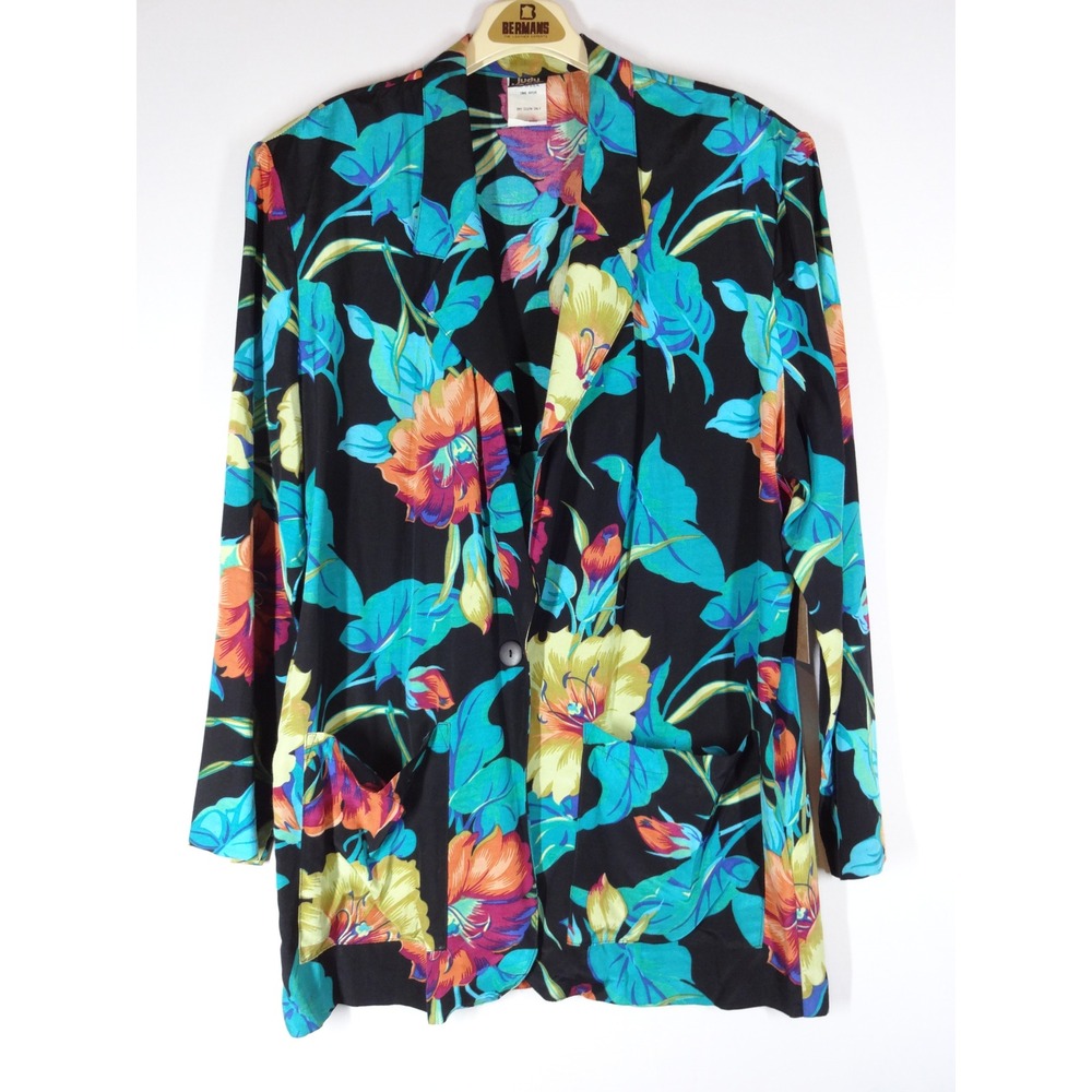 VTG Judy Knapp California Blazer Womens XL Black Floral 80s Tropical Rayon Coast